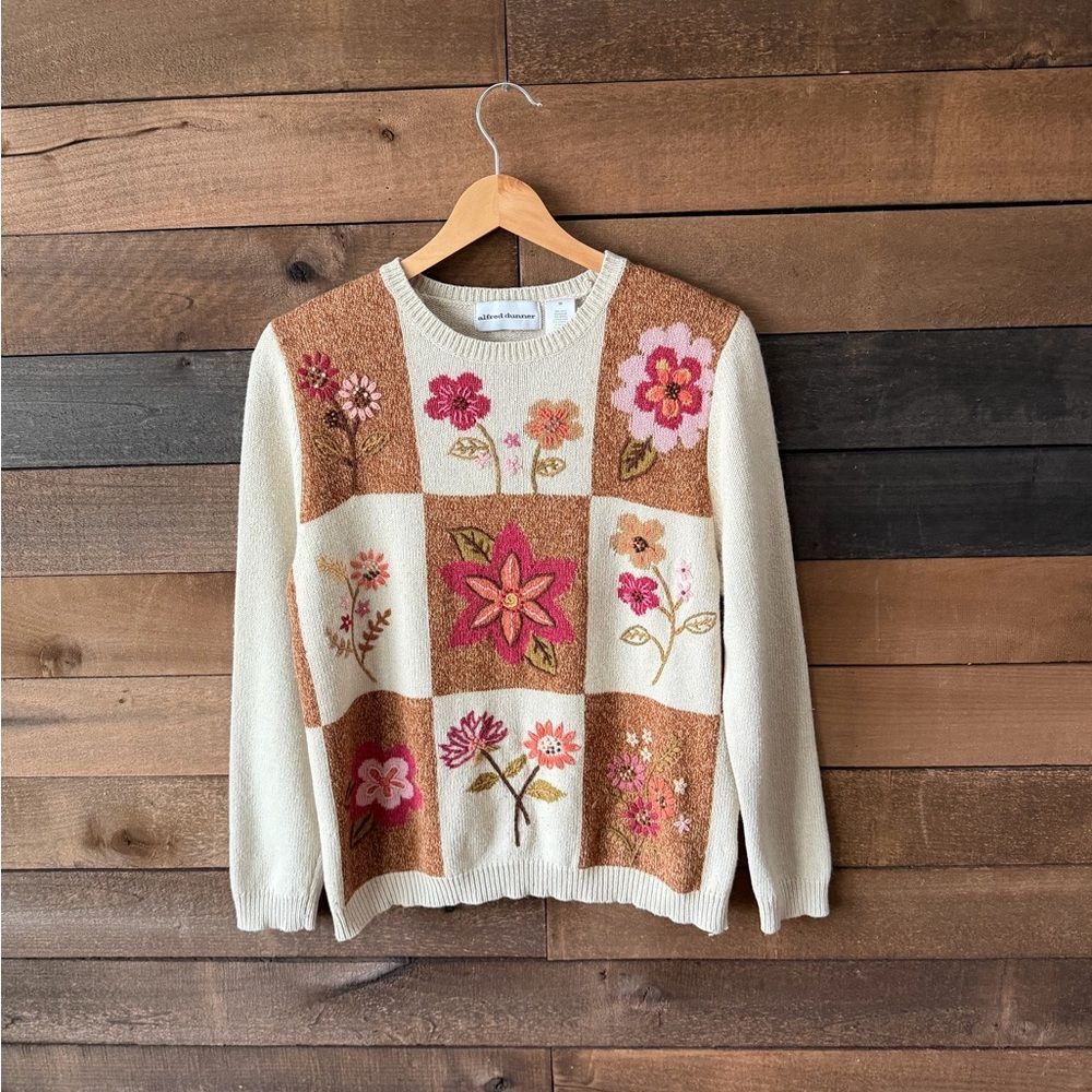 Vintage 90s Floral Patchwork Sweater Alfred Dunner Silk Blend - Picture 2 of 13
